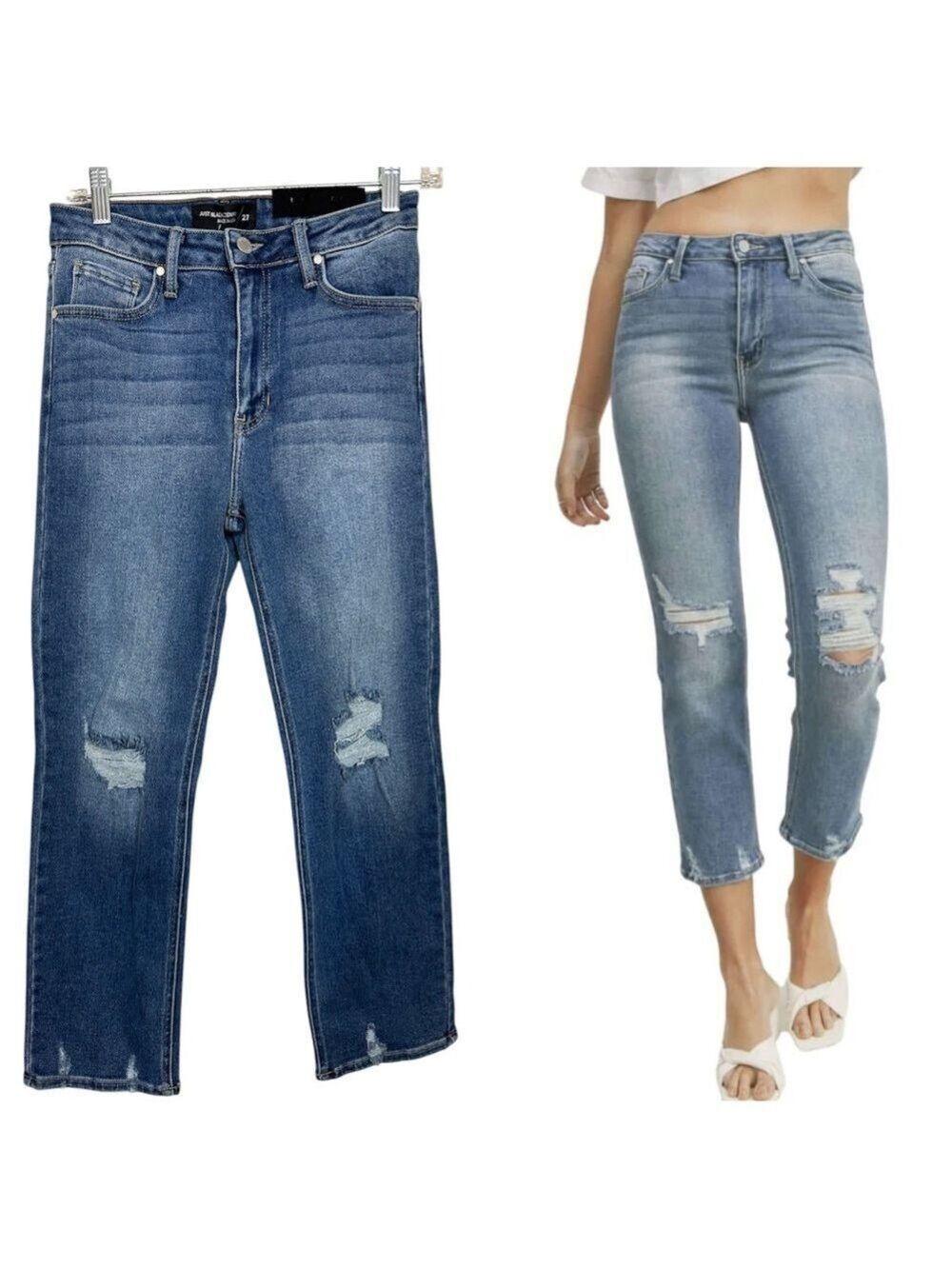 Just Black Denim Distressed Straight Leg Cropped Medium Wash Stretch Denim Jeans